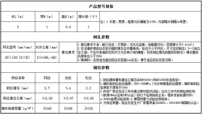 河道護堤鉛絲石籠規格參數